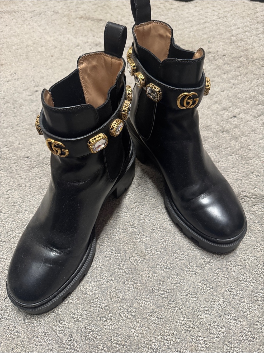 Gucci Calfskin Crystal GG Trip Chelsea Ankle Boots, size 38